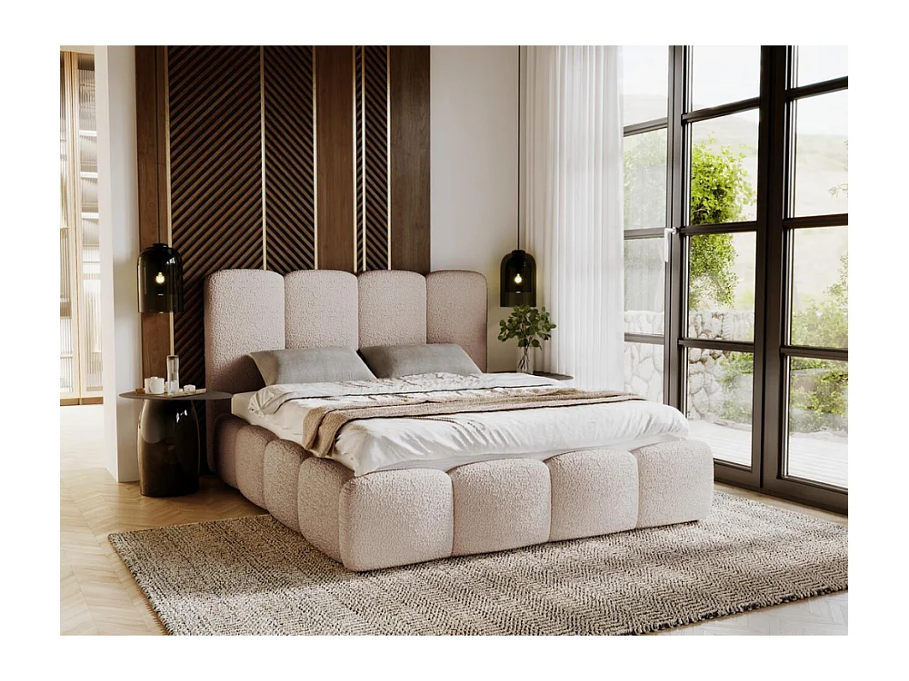 Lit rembourré avec rangement - 160 x 200 - lit double - bouclé - beige - Galli