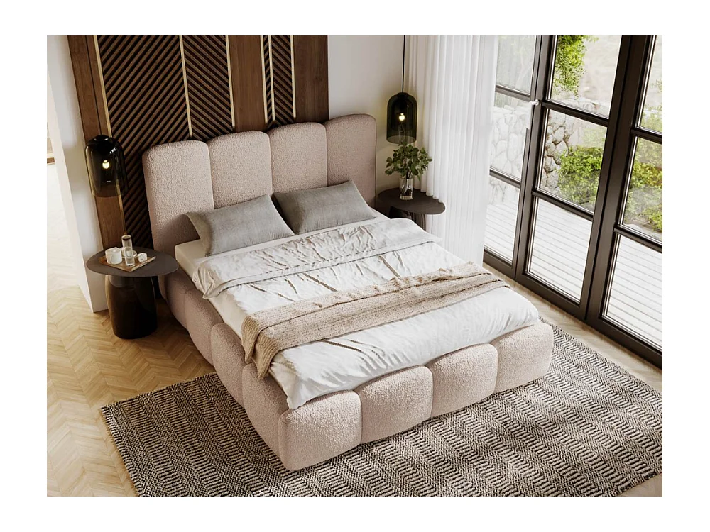 Polsterbett mit Bettkasten - 160 x 200 - Bouclestoff - Beige - Bett mit Lattenrost - GALLI