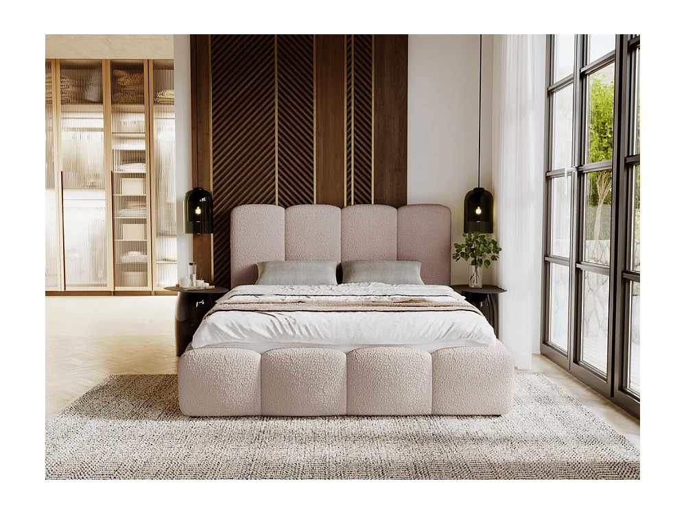 Polsterbett mit Bettkasten - 160 x 200 - Bouclestoff - Beige - Bett mit Lattenrost - GALLI