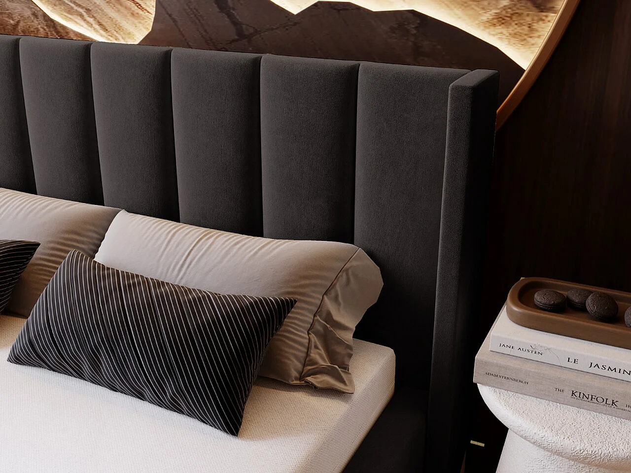 Lit rembourré avec rangement - 160 x 200 - lit double - velours - noir - Marano