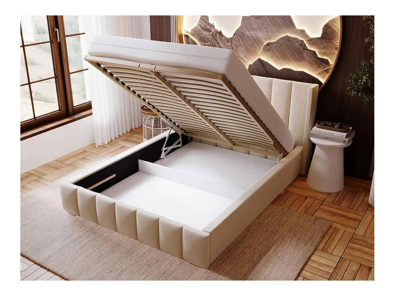 Lit rembourré avec rangement - 160 x 200 - lit double - velours - noir - Marano