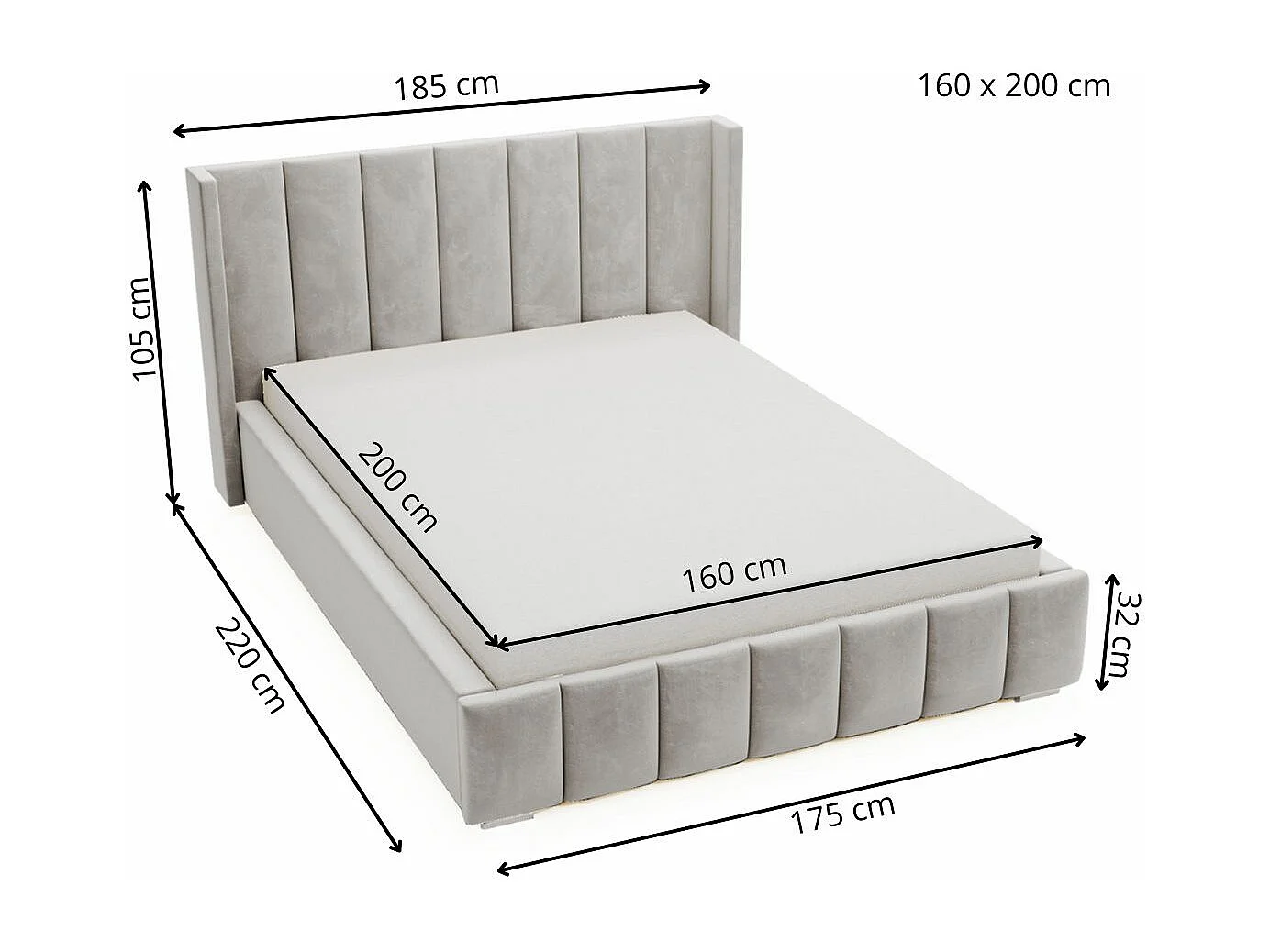 Lit rembourré avec rangement - 160 x 200 - lit double - velours - noir - Marano