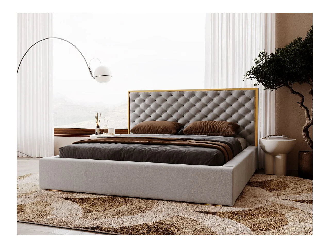 Lit rembourré avec rangement - 200 x 200 - lit double - velours - gris - Bonito