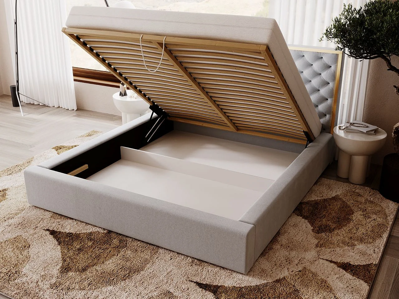 Lit rembourré avec rangement - 200 x 200 - lit double - velours - gris - Bonito