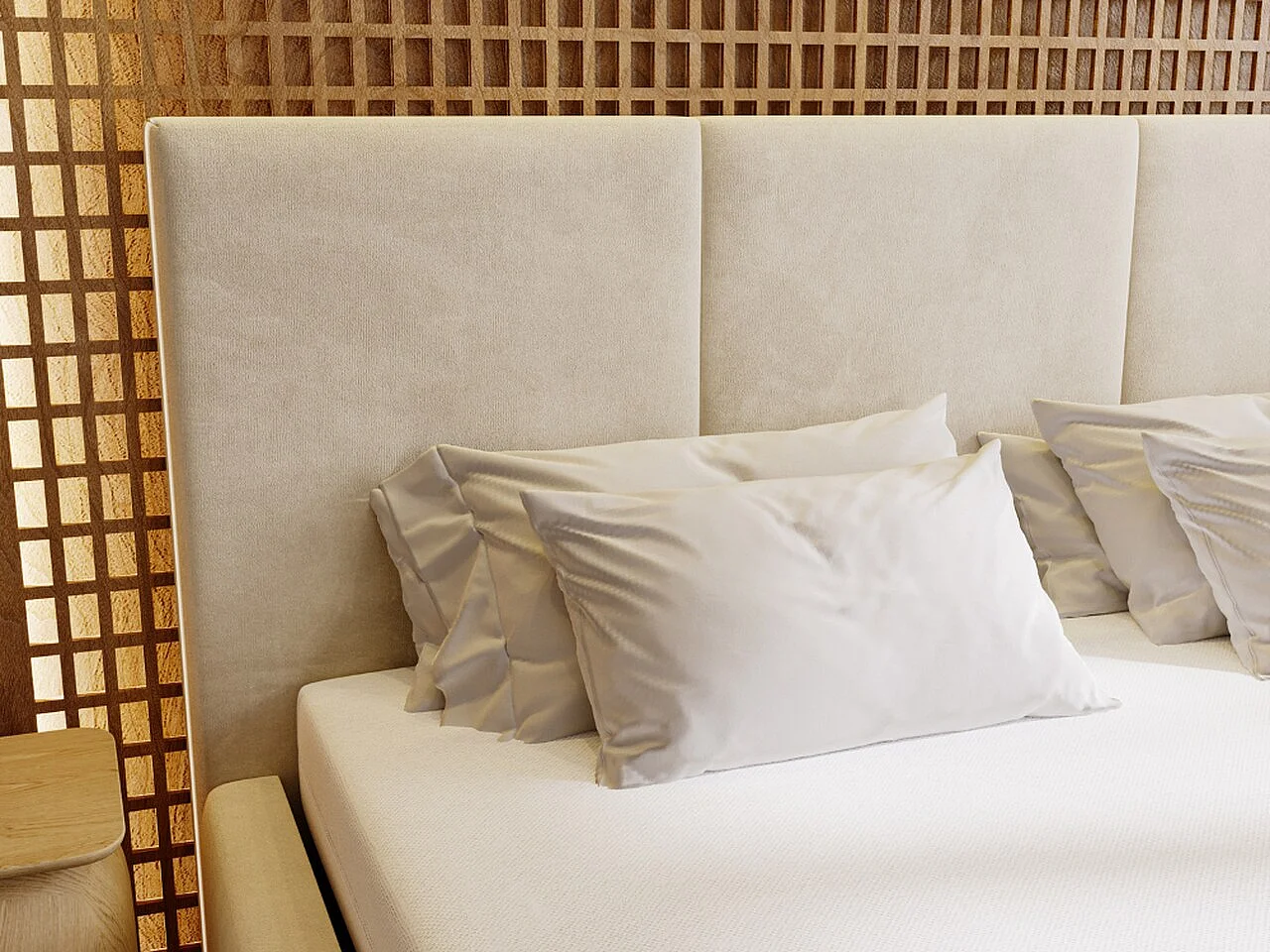 Gestoffeerd bed Lincoln 160x200 Beige - opbergruimte voor beddengoed, houten lattenbodem, doorgestikt hoofdbord en bedframe