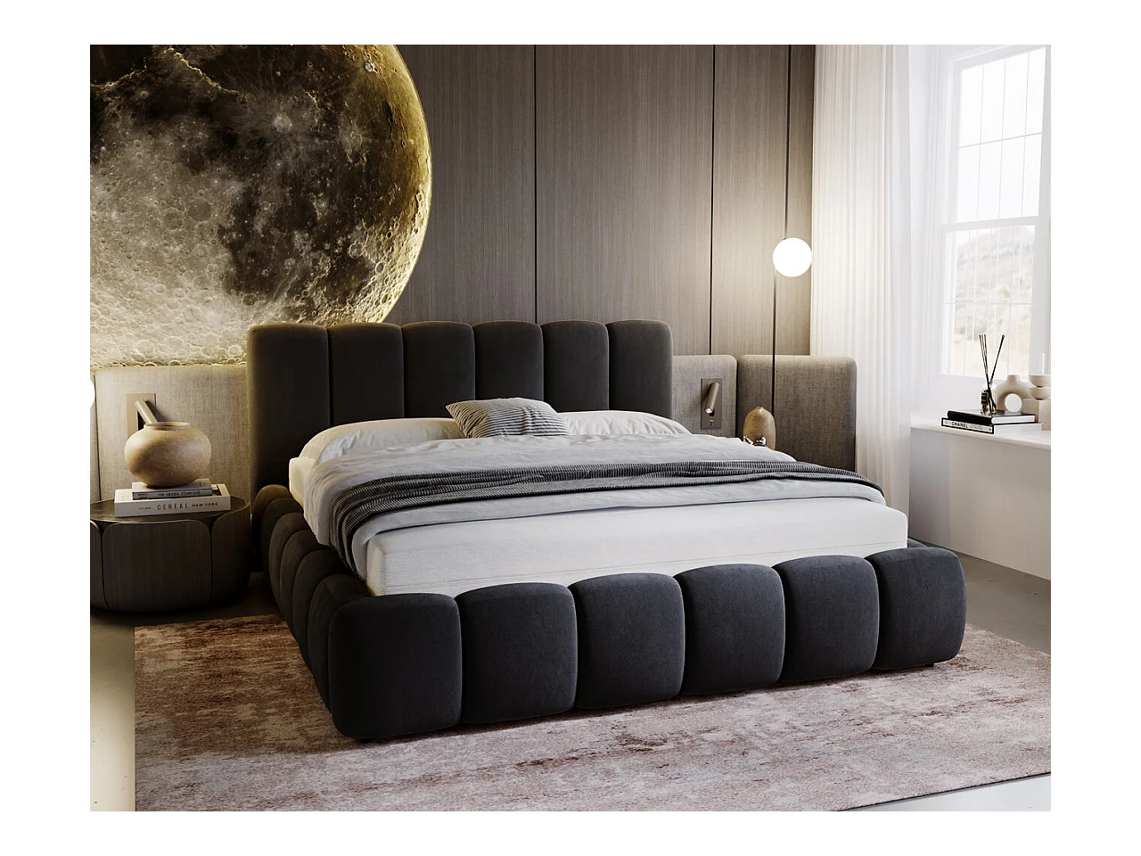 Lit rembourré avec rangement - 120 x 200  - lit double - velours - anthracite - Cloud
