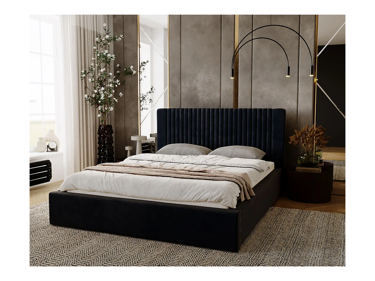 Lit rembourré avec rangement - 120 x 200 - lit double - velours - marine - Malmo