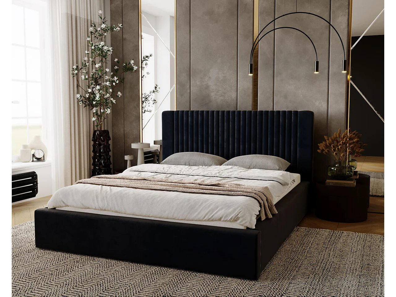 Gestoffeerd bed Malmo 120x200 nachtblauw - opbergruimte voor bed Malmodengoed, houten lattenbodem, doorgestikt hoofdbord en bedframe