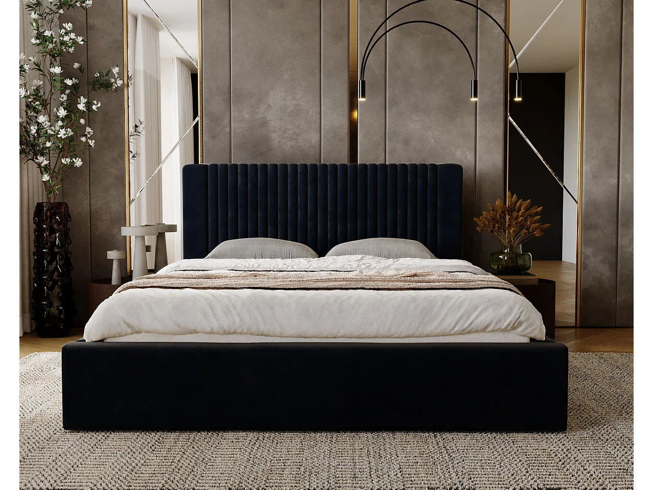 Gestoffeerd bed Malmo 120x200 nachtblauw - opbergruimte voor bed Malmodengoed, houten lattenbodem, doorgestikt hoofdbord en bedframe