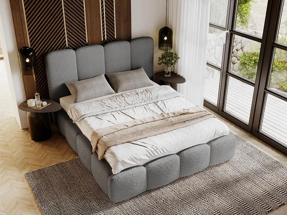 Polsterbett mit Bettkasten - 200 x 200 - Bouclestoff - Grau - Bett mit Lattenrost - GALLI