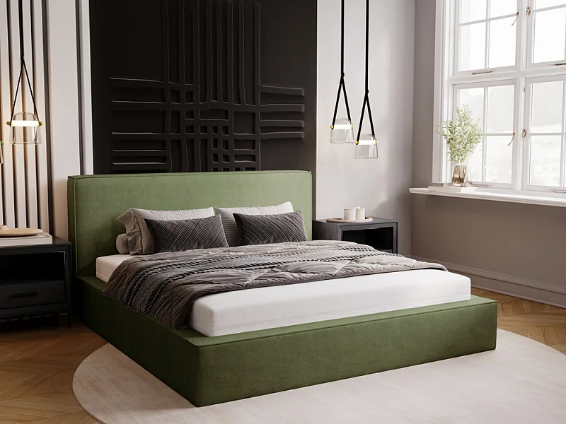 Gestoffeerd bed Monaco 160x200 groen - opbergruimte voor beddengoed, houten lattenbodem, doorgestikt hoofdbord en bedframe