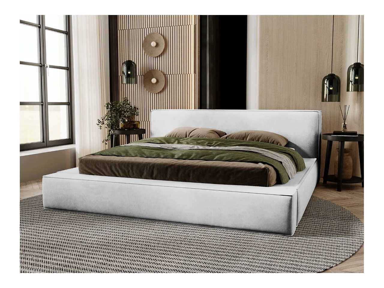 Lit rembourré avec rangement - 180 x 200 - lit double - velours - gris clair - Mali