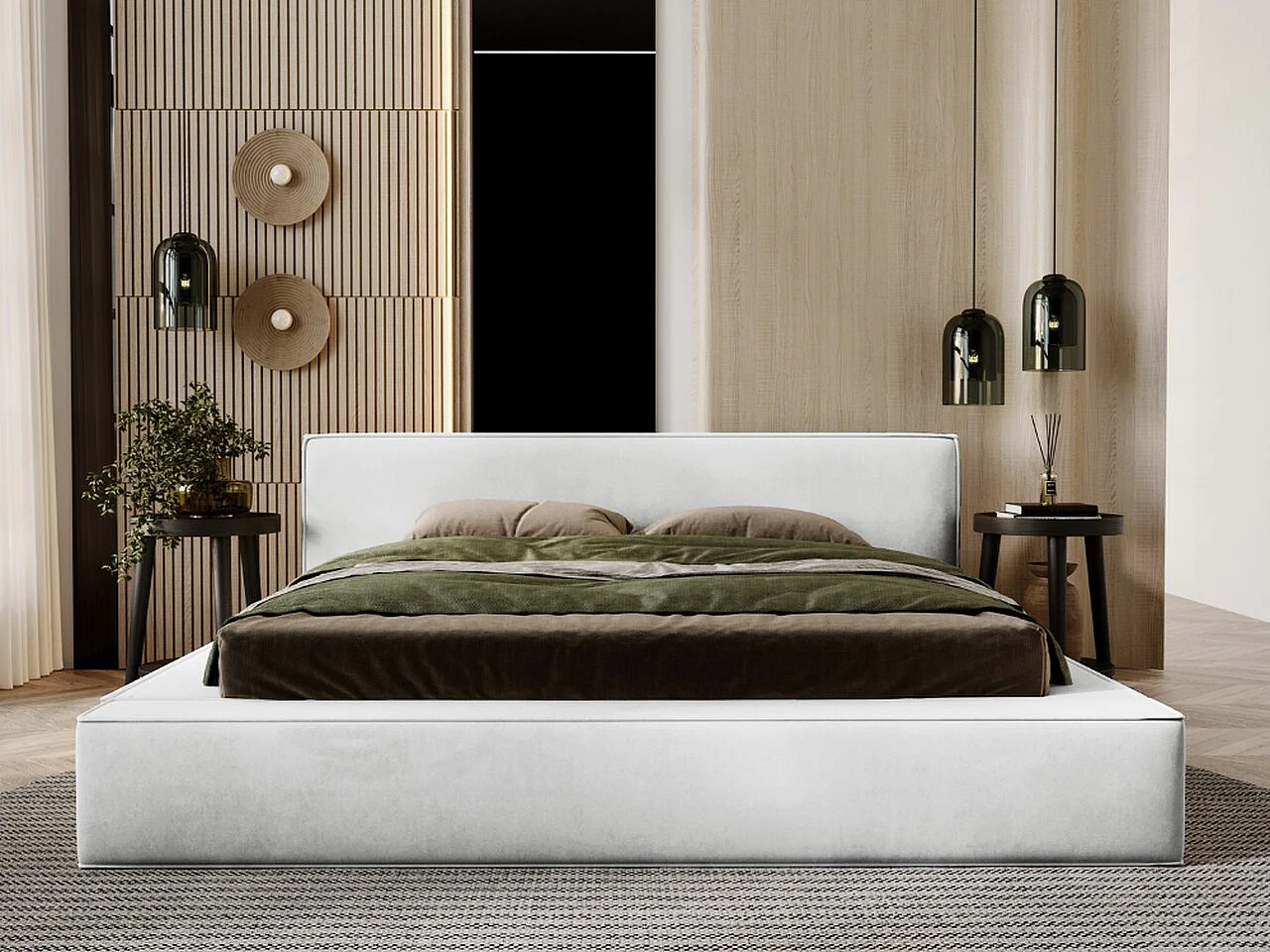 Lit rembourré avec rangement - 180 x 200 - lit double - velours - gris clair - Mali