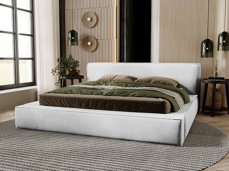 Lit rembourré avec rangement - 180 x 200 - lit double - velours - gris clair - Mali