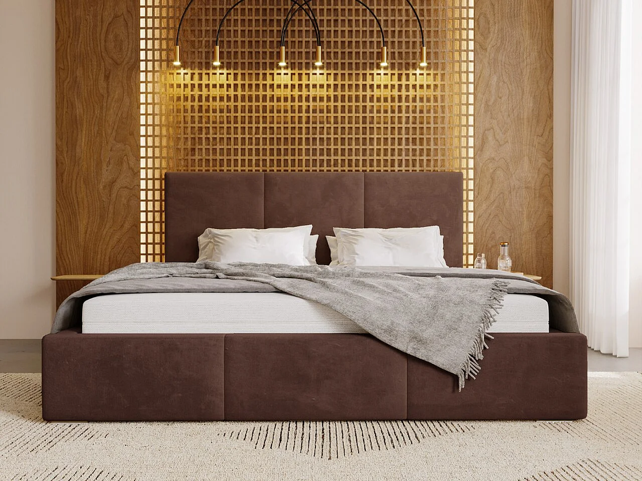 Gestoffeerd bed Lincoln 200x200 Bruin - opbergruimte voor beddengoed, houten lattenbodem, doorgestikt hoofdbord en bedframe