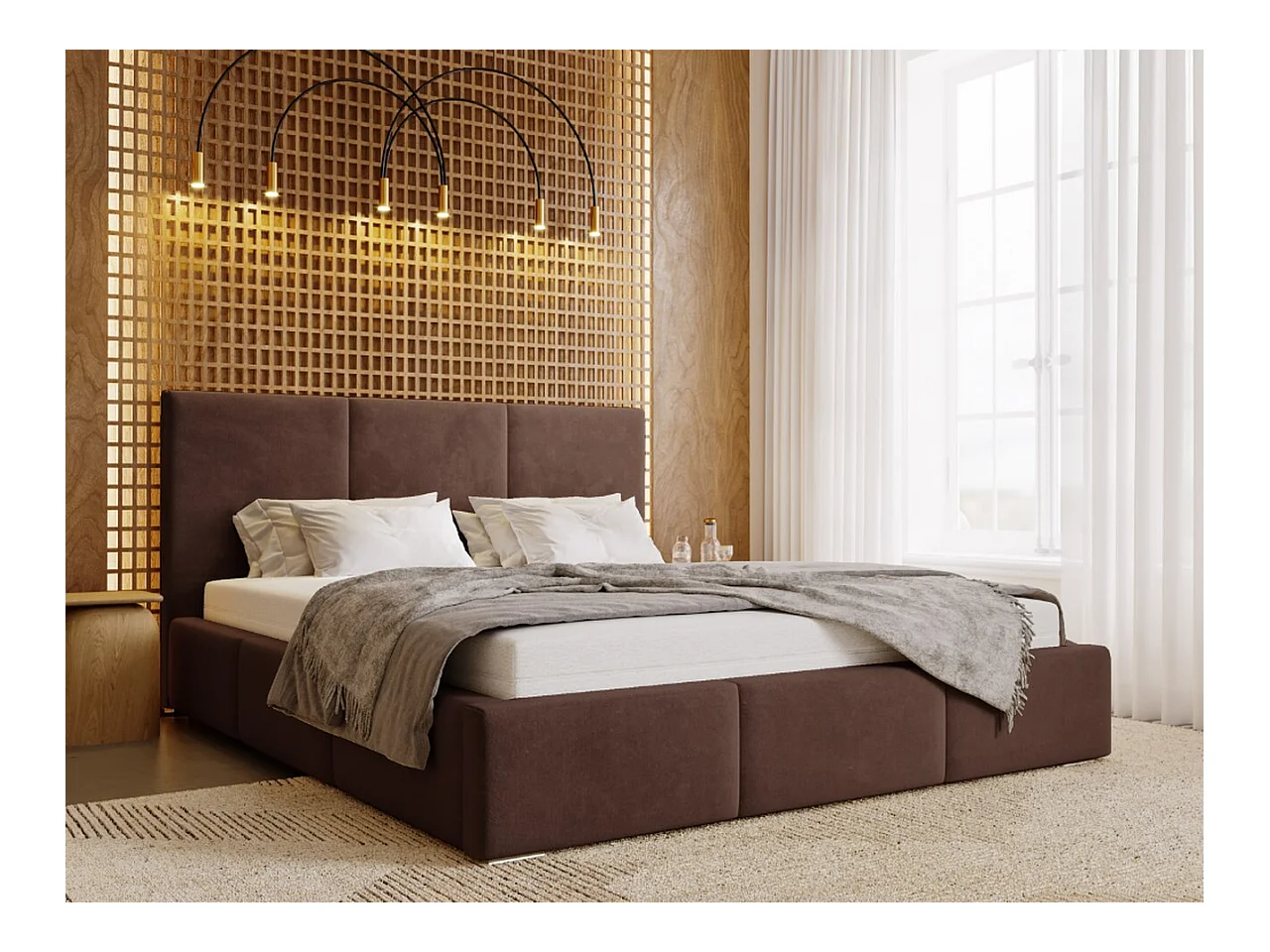 Lit rembourré avec rangement - 200 x 200 - lit double - velours - marron - Lincoln