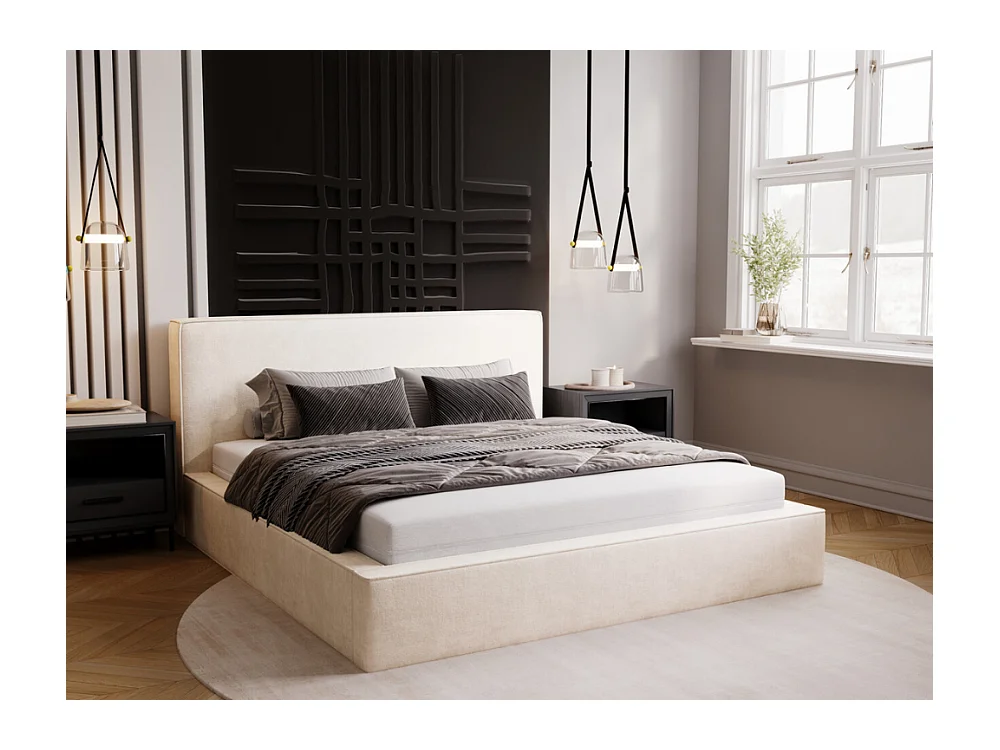 Lit rembourré avec rangement - 200 x 200 - lit double - velours - crème - Monaco