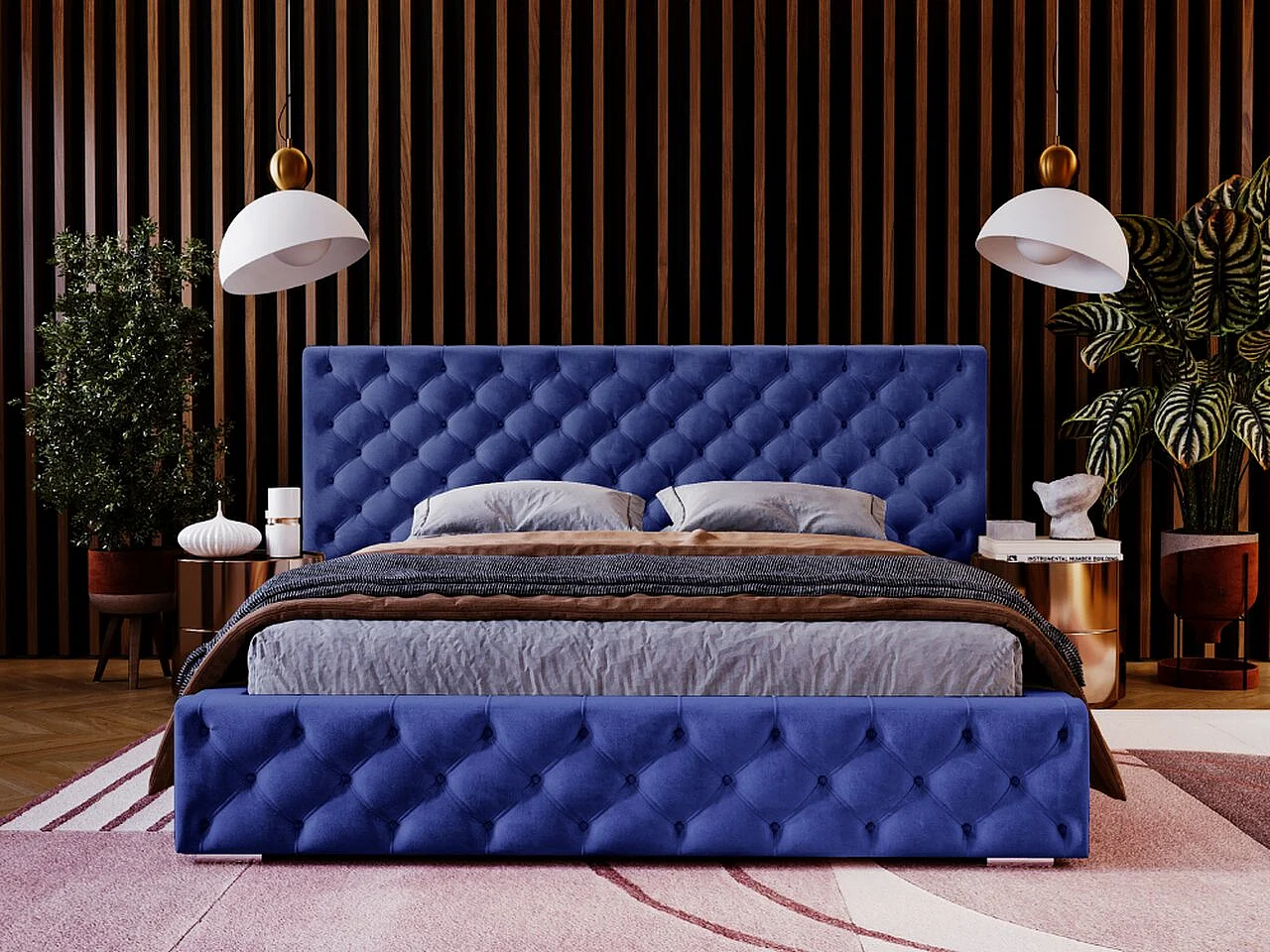 Lit rembourré avec rangement - 140 x 200 - lit double - velours - bleu - Madera