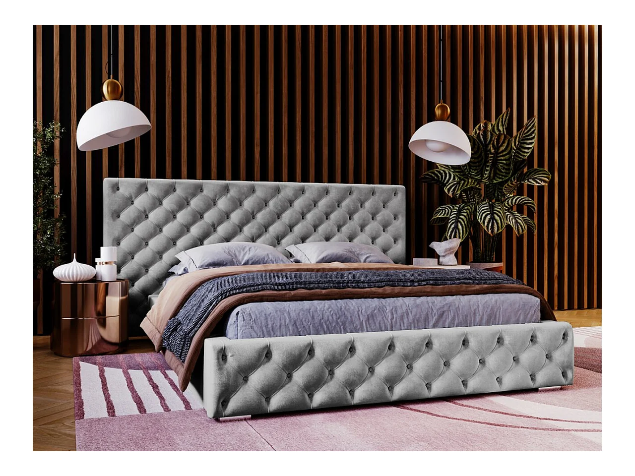 Lit rembourré avec rangement - 120 x 200 - lit double - velours - gris - Madera