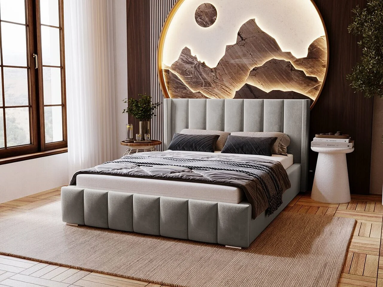 Lit rembourré avec rangement - 160 x 200 - lit double - velours - gris - Marano