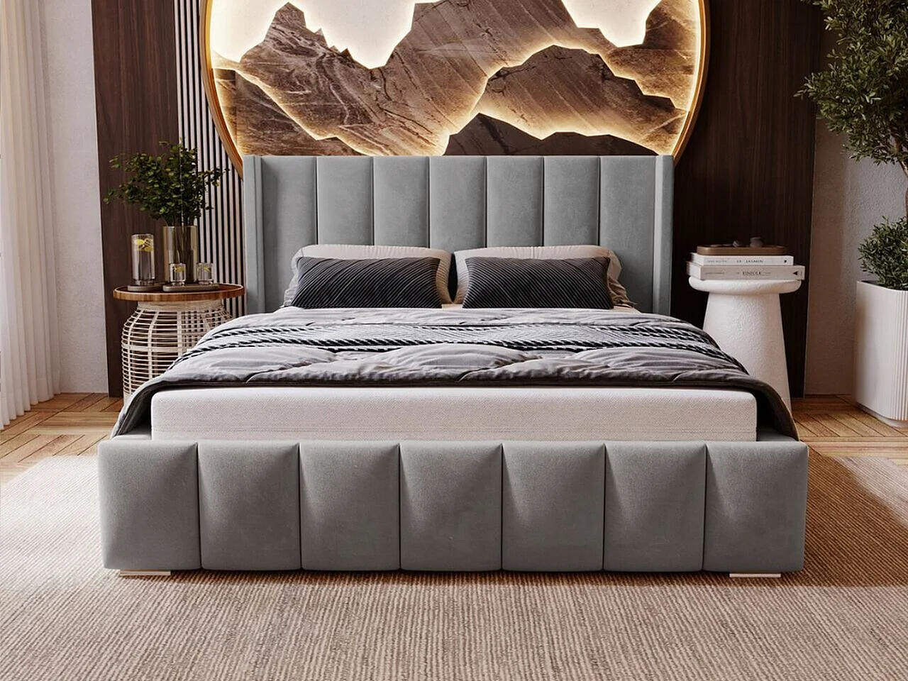 Lit rembourré avec rangement - 160 x 200 - lit double - velours - gris - Marano