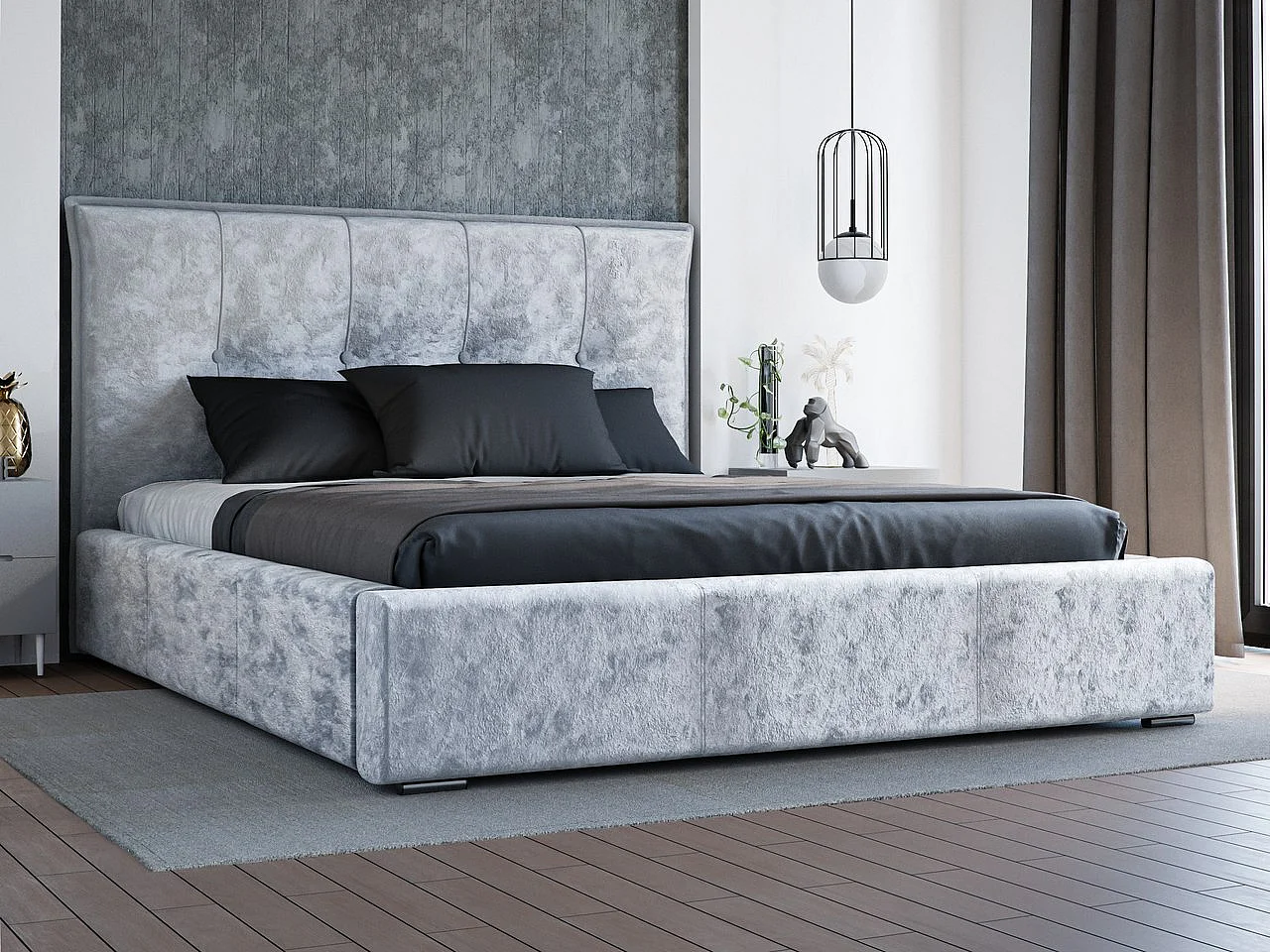 Lit rembourré avec rangement - 120 x 200 - lit double - velours - gris clair - Valencia