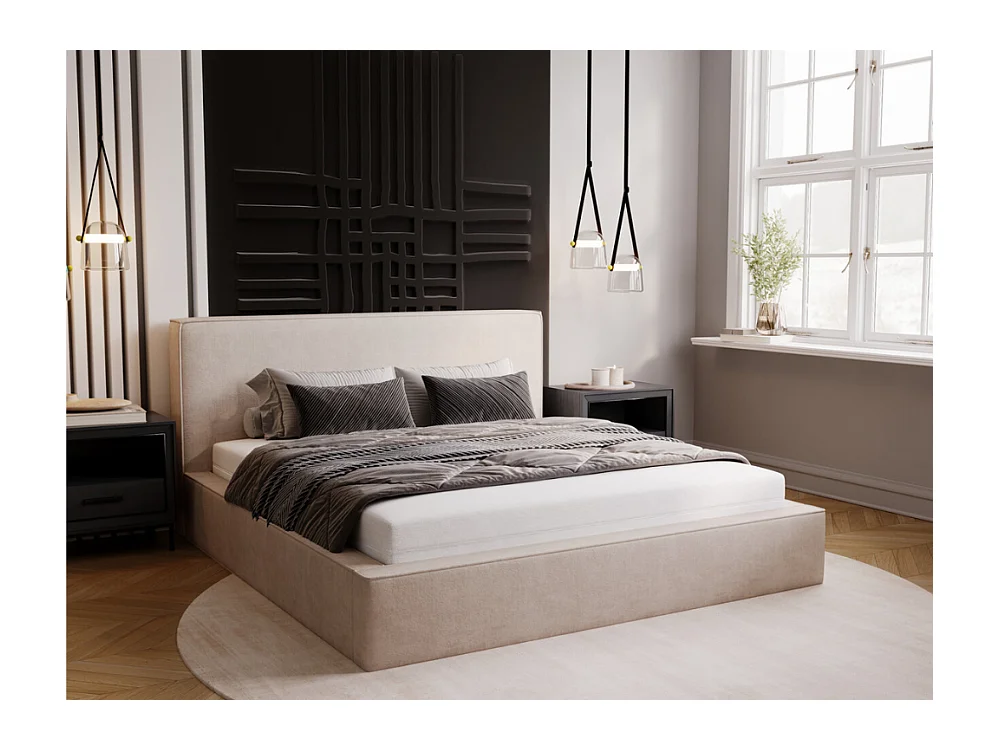 Lit rembourré avec rangement - 120 x 200 - lit double - velours - beige - Monaco