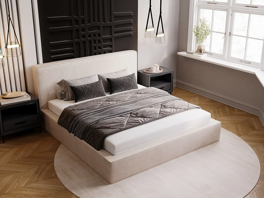 Lit rembourré avec rangement - 120 x 200 - lit double - velours - beige - Monaco