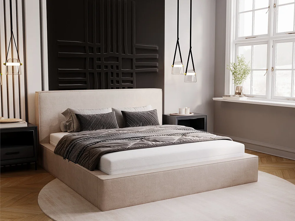 Polsterbett mit Bettkasten - 120 x 200 - Chenille-Stoff - Beige - Bett mit Lattenrost - MONACO