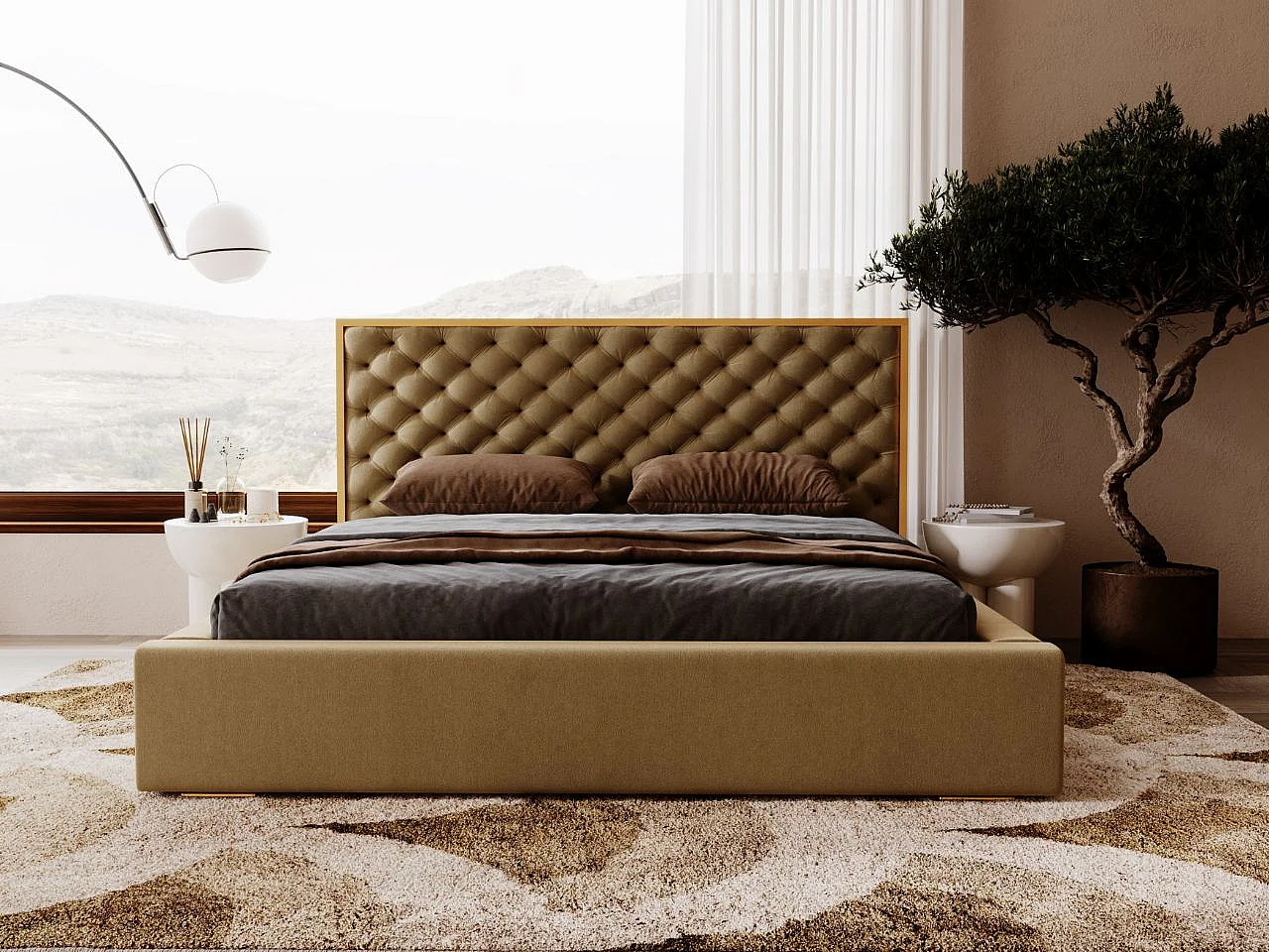 Lit rembourré avec rangement - 160 x 200 - lit double - velours - marron - Bonito