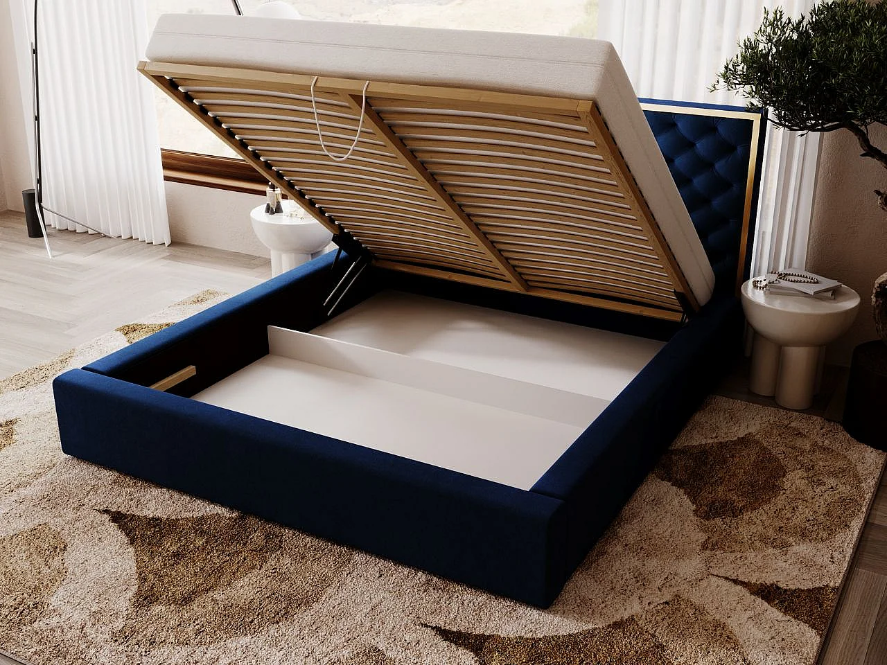 Gestoffeerd bed Bonito 200x200 blauw - opbergruimte voor beddengoed, houten lattenbodem, doorgestikt hoofdbord en bedframe