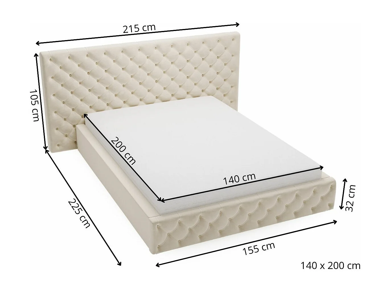Lit rembourré avec rangement - 140 x 200 - lit double - velours - gris - Madera