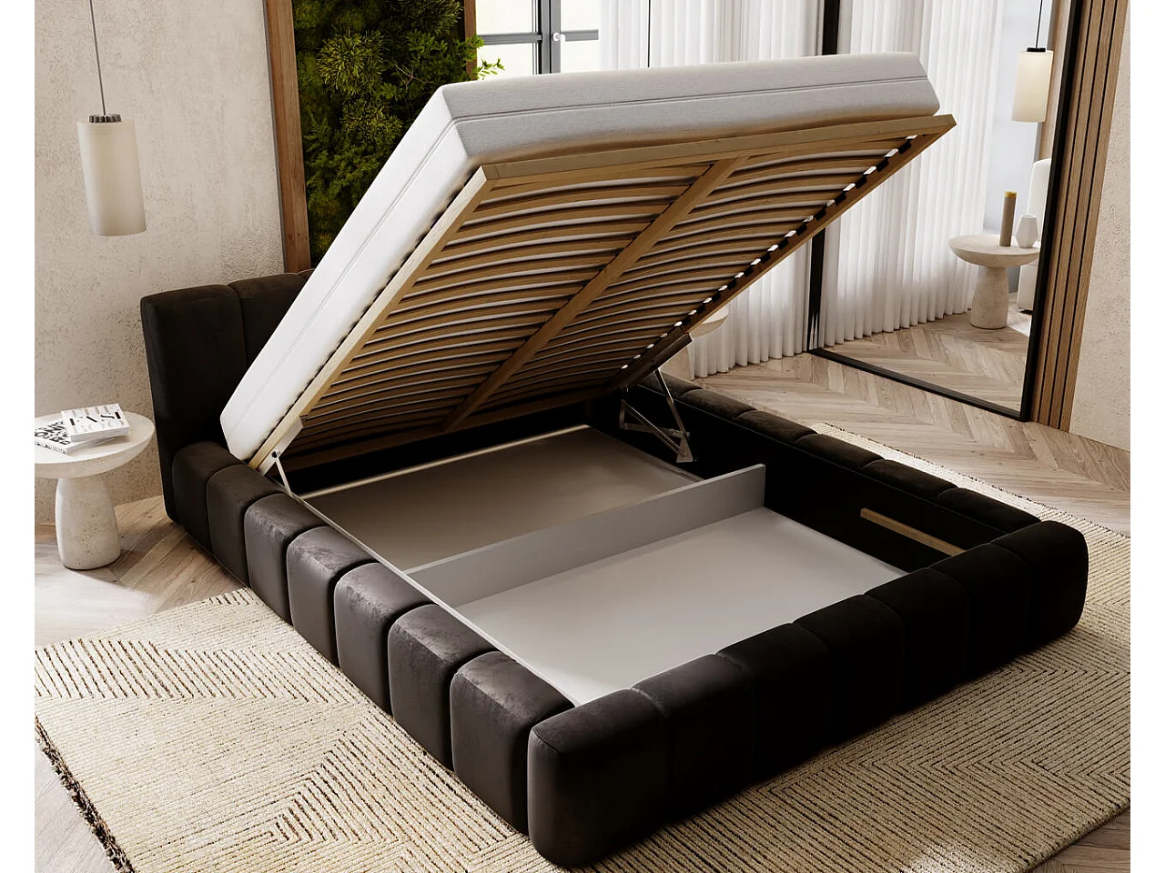 Lit rembourré avec rangement - 140 x 200 - lit double - velours - noir - Split