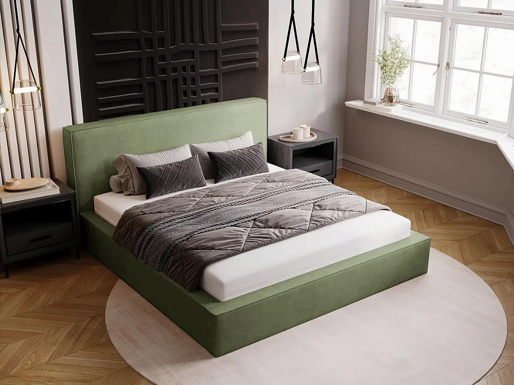 Gestoffeerd bed Monaco 120x200 groen - opbergruimte voor beddengoed, houten lattenbodem, doorgestikt hoofdbord en bedframe