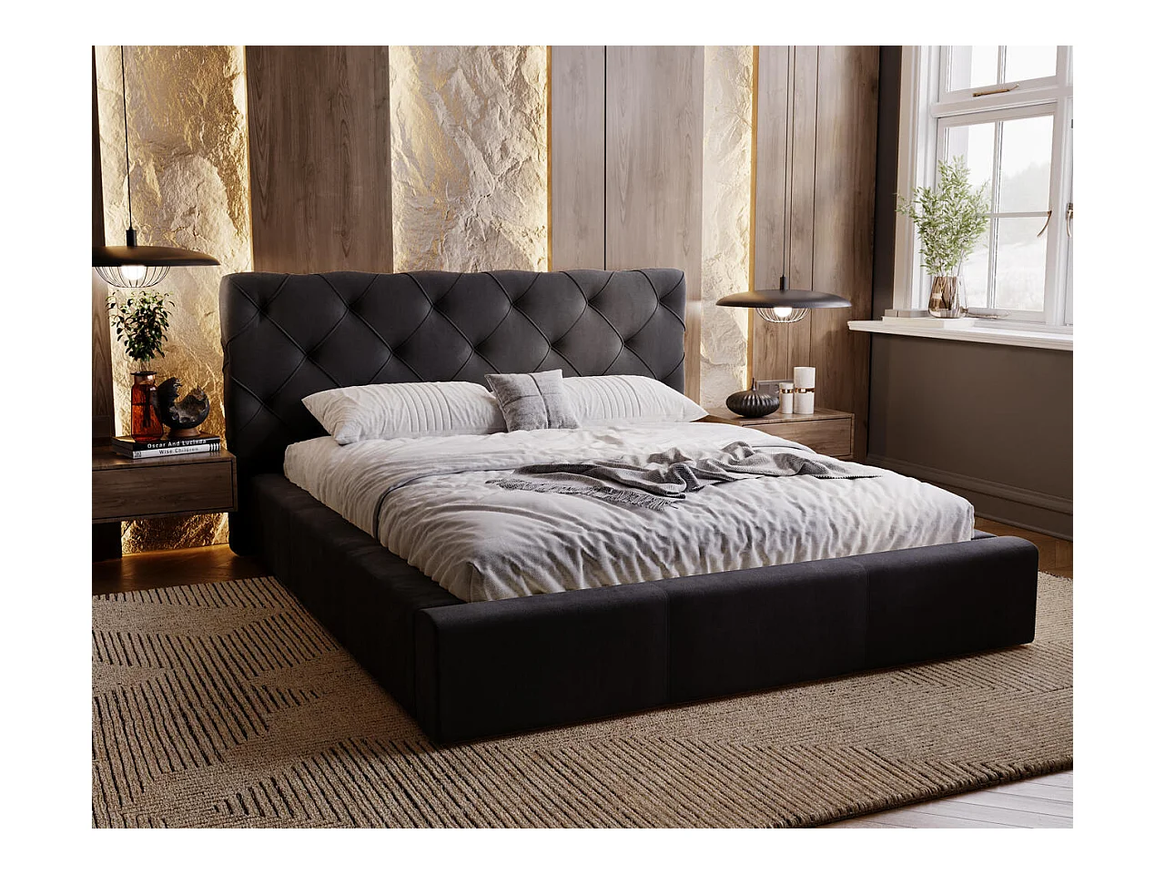 Lit rembourré avec rangement - 180 x 200 - lit double - velours - anthracite - Milano