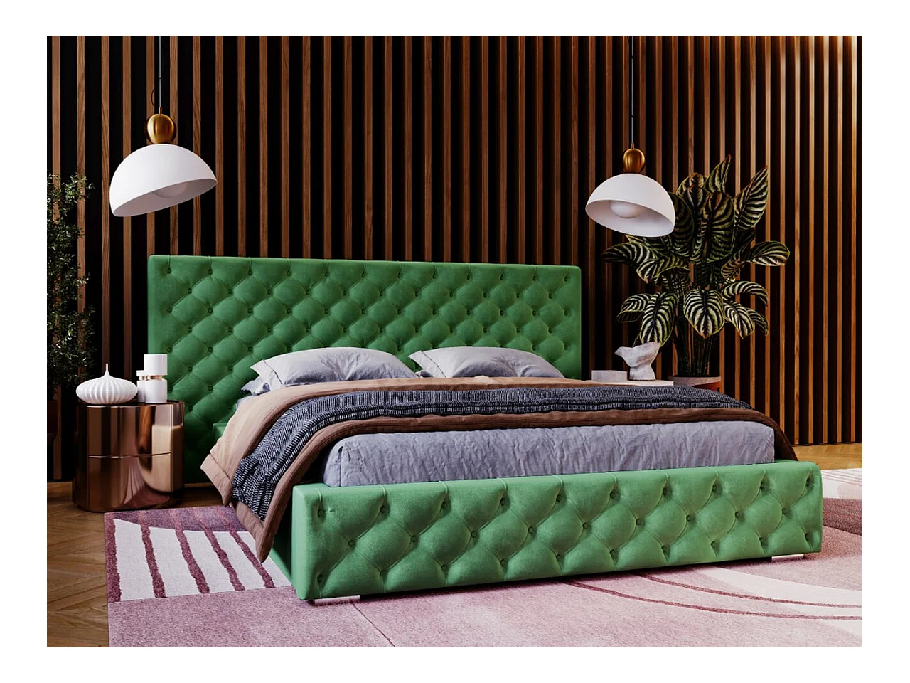 Lit rembourré avec rangement - 160 x 200 - lit double - velours - vert - Madera