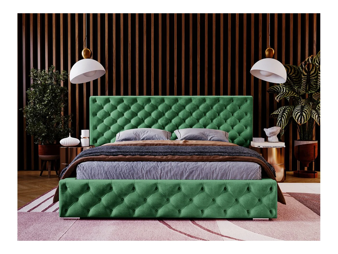 Lit rembourré avec rangement - 160 x 200 - lit double - velours - vert - Madera