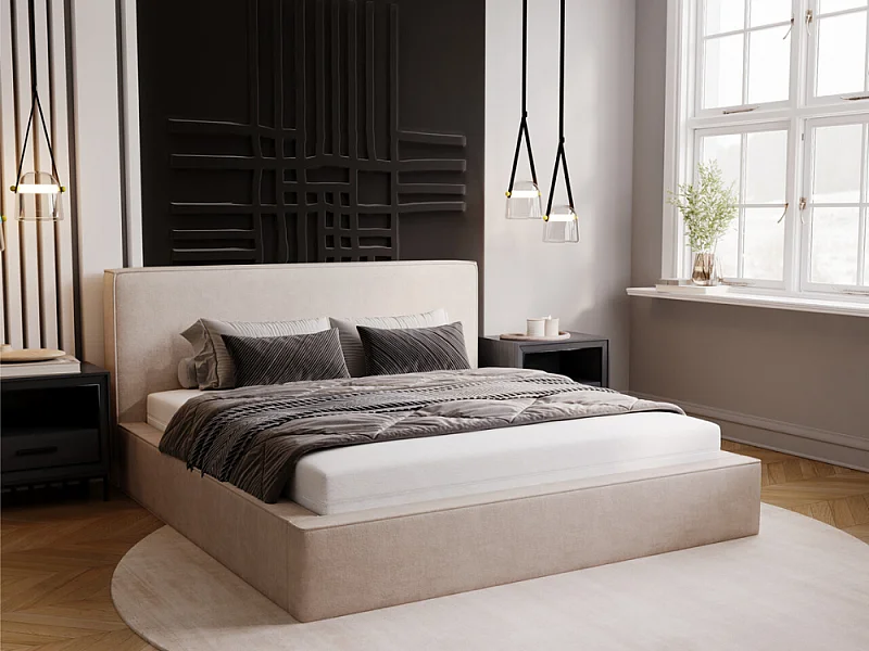 Gestoffeerd bed Monaco 140x200 beige - opbergruimte voor beddengoed, houten lattenbodem, doorgestikt hoofdbord en bedframe