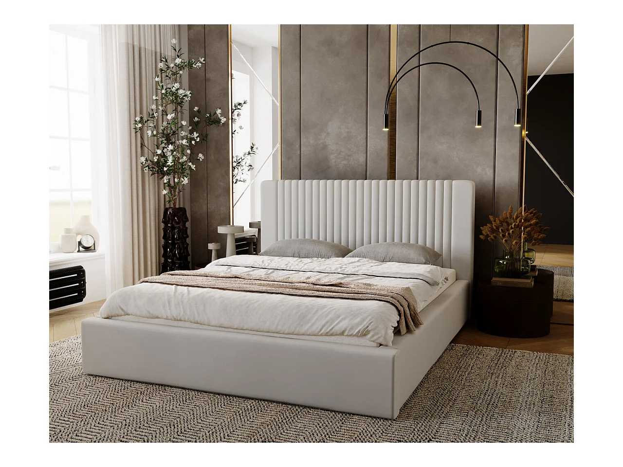 Lit rembourré avec rangement - 140 x 200 - lit double - velours - gris clair - Malmo
