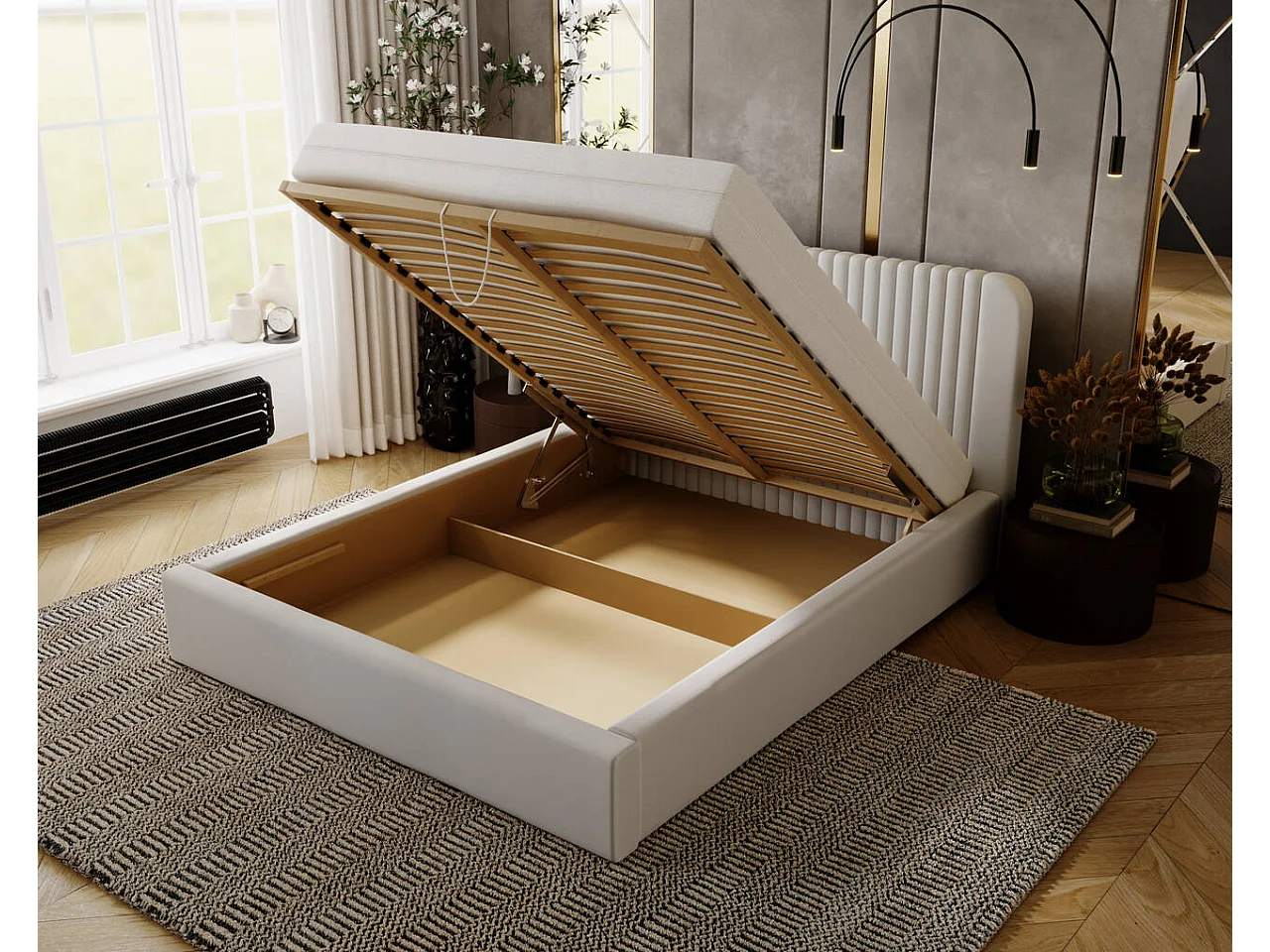 Gestoffeerd bed Malmo 140x200 lichtgrijs - opbergruimte voor bed Malmodengoed, houten lattenbodem, doorgestikt hoofdbord en bedframe