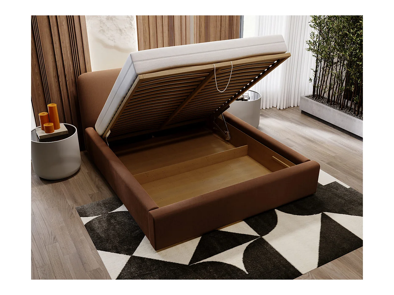 Lit rembourré avec rangement - 120 x 200 - lit double - velours - marron - Palermo