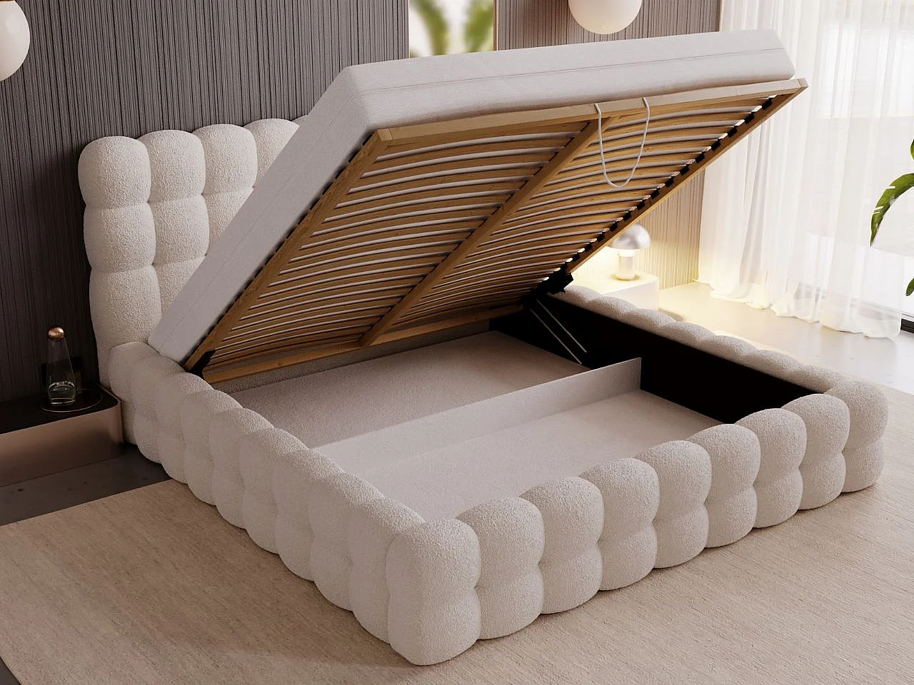 Gestoffeerd bed Twist 160x200  beige - opbergruimte voor beddengoed, houten lattenbodem, doorgestikt hoofdbord en bedframe