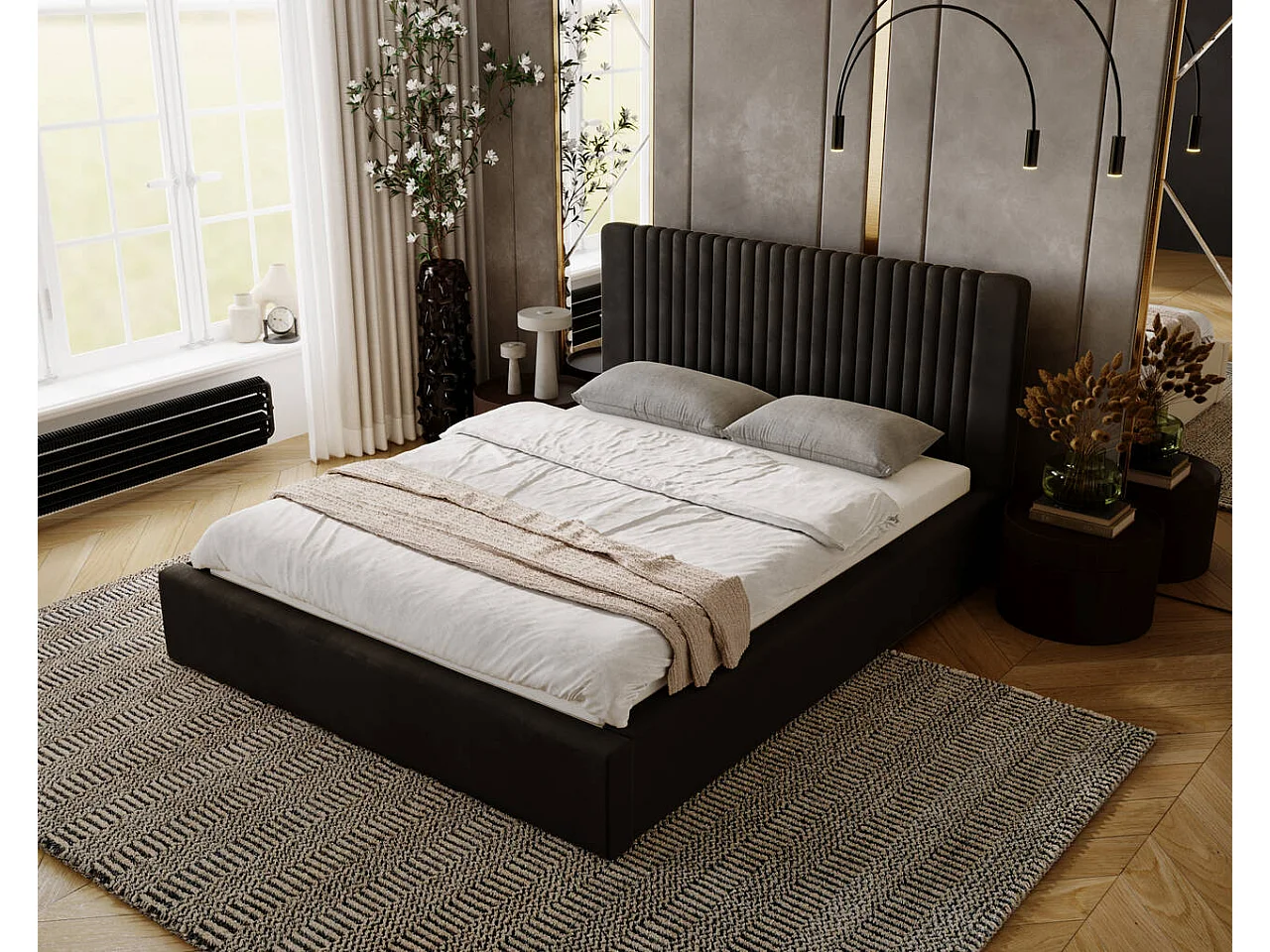 Gestoffeerd bed Malmo 140x200 bruin - opbergruimte voor bed Malmodengoed, houten lattenbodem, doorgestikt hoofdbord en bedframe