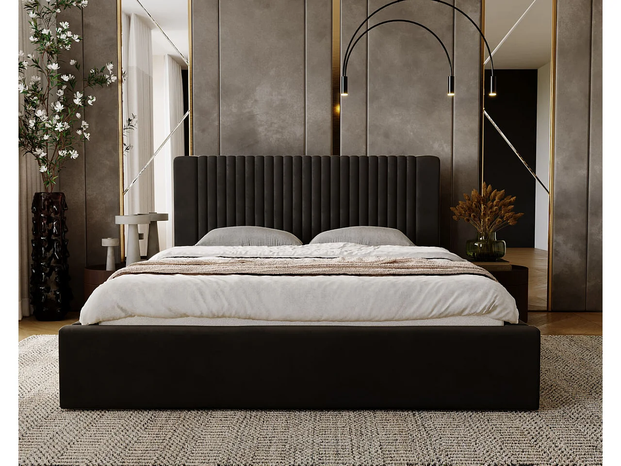 Gestoffeerd bed Malmo 140x200 bruin - opbergruimte voor bed Malmodengoed, houten lattenbodem, doorgestikt hoofdbord en bedframe