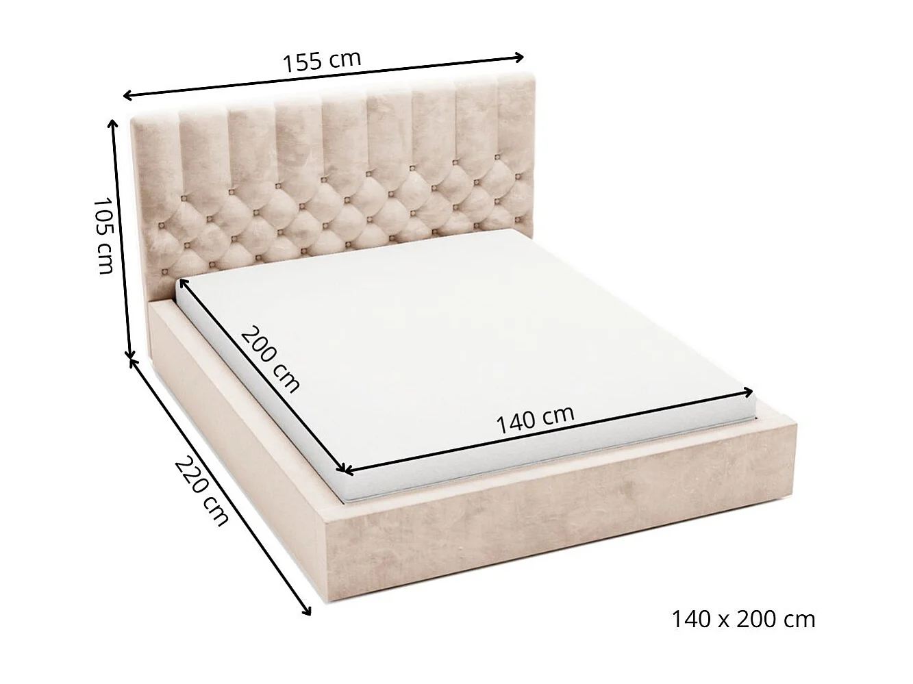 Lit rembourré avec rangement - 140 x 200 - lit double - velours - noir - Roma