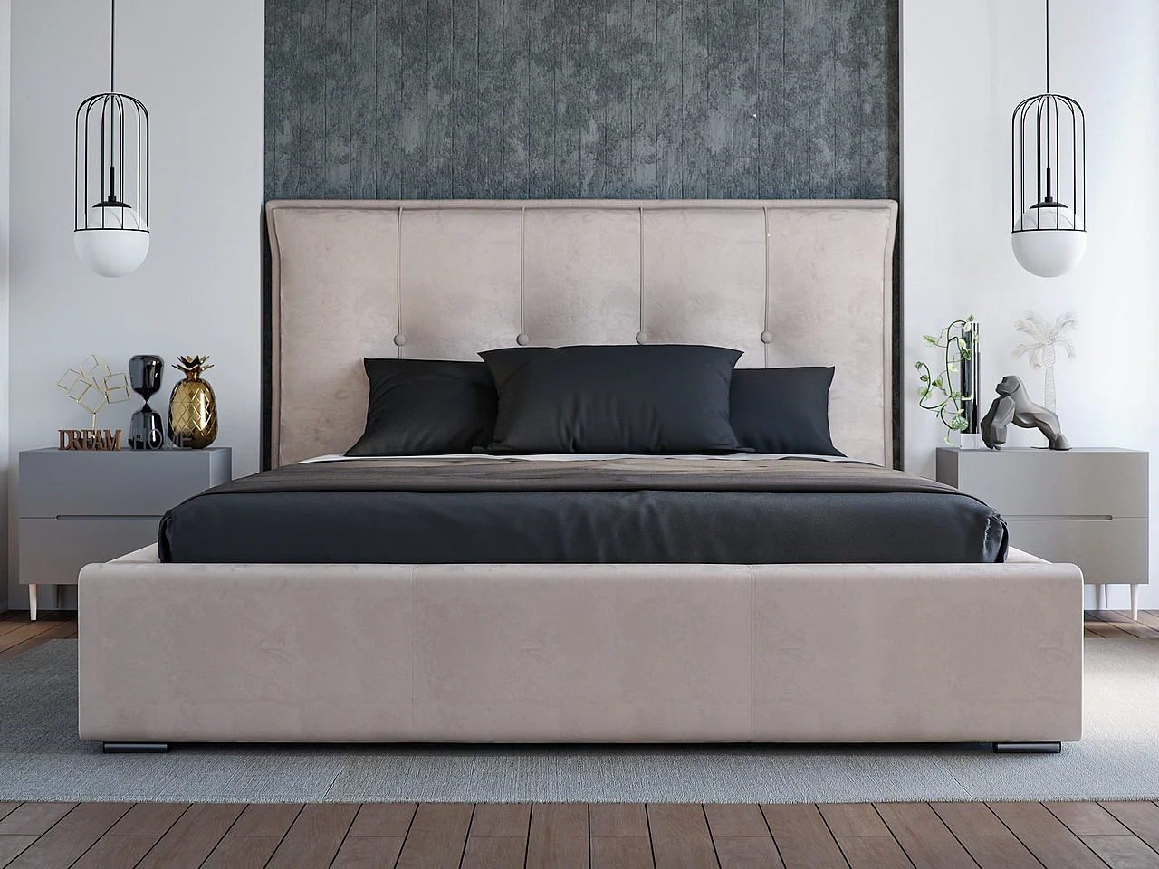 Lit rembourré avec rangement - 200 x 200 - lit double - velours - beige - Valencia