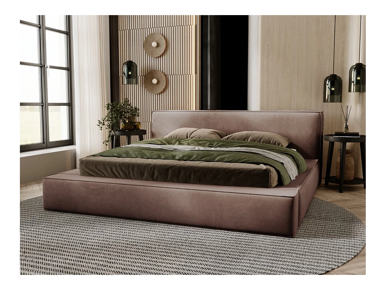 Lit rembourré avec rangement - 160 x 200 - lit double - velours - marron - Mali