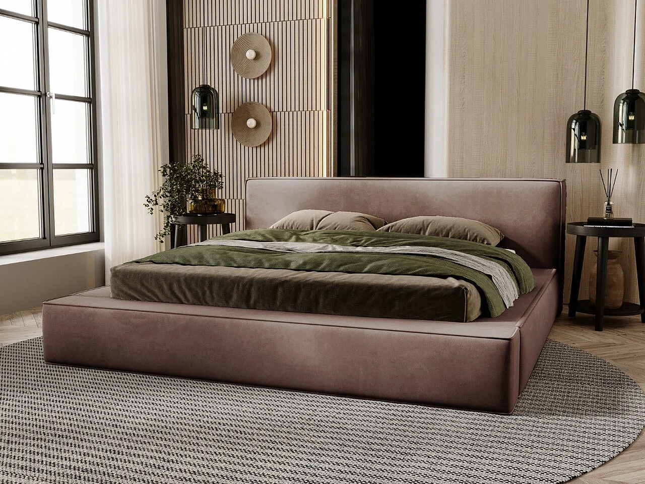 Gestoffeerd bed Mali 160x200 bruin - opbergruimte voor beddengoed, houten lattenbodem, doorgestikt hoofdbord en bedframe