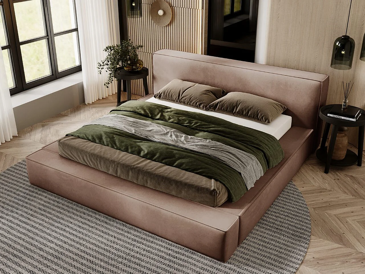 Gestoffeerd bed Mali 160x200 bruin - opbergruimte voor beddengoed, houten lattenbodem, doorgestikt hoofdbord en bedframe