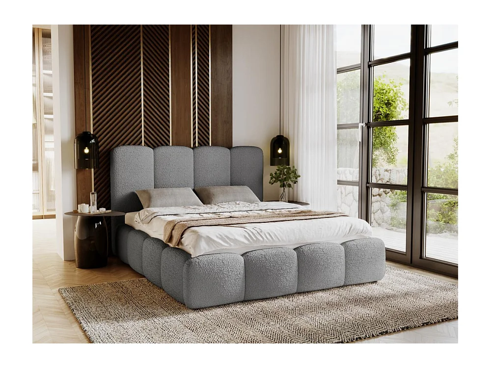Lit rembourré avec rangement - 180 x 200 - lit double - bouclé - gris - Galli